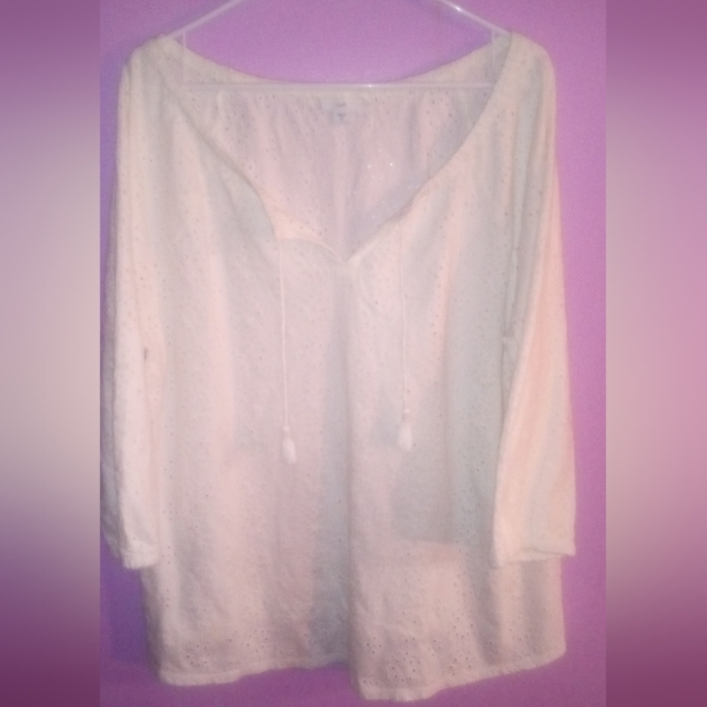 j.jill Sz XL White All Embroidered Peasant Boho Blouse Shirt Top 100% Cotton